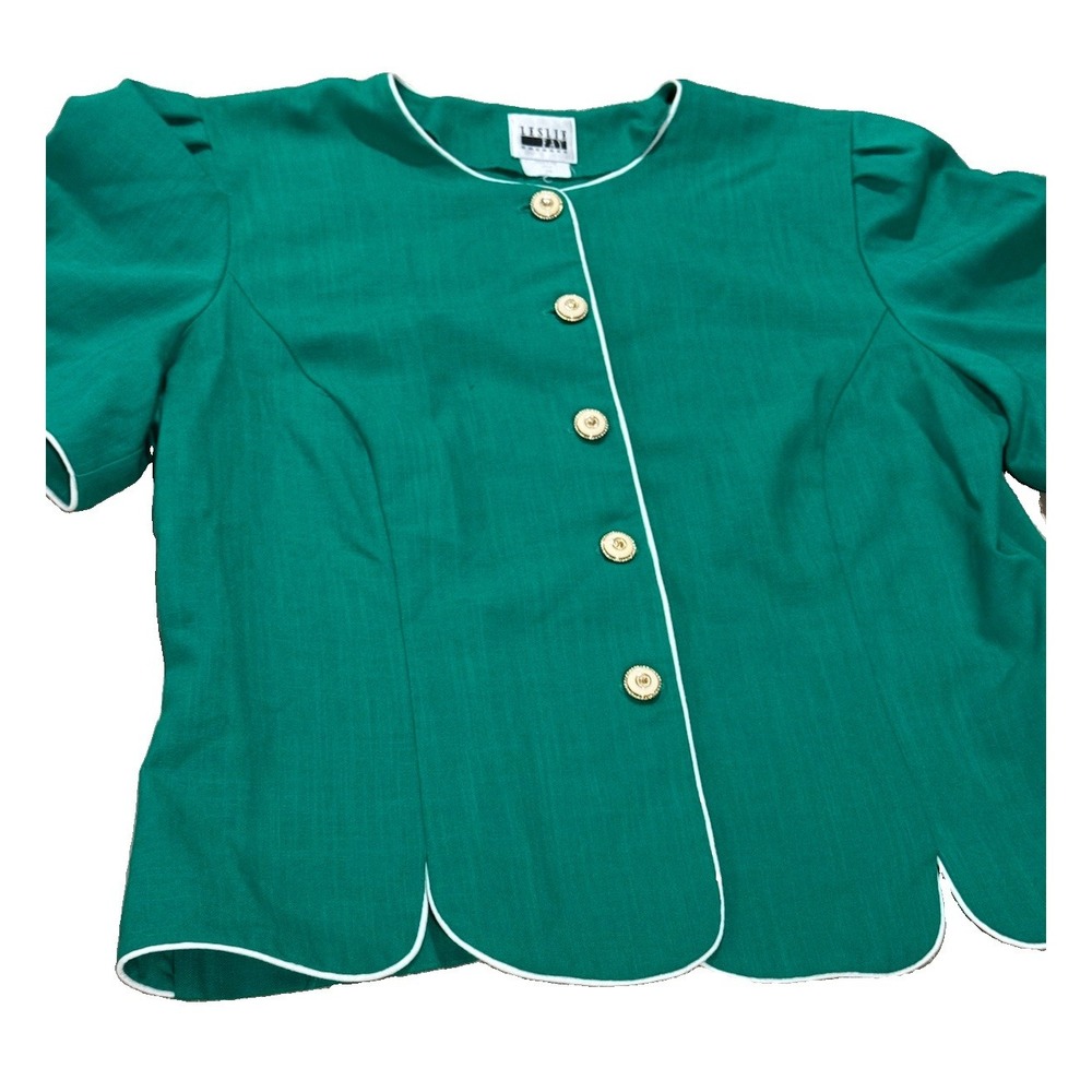 Vintage Leslie Fay Size 18 Green White Piping Scalloped Jacket Blazer